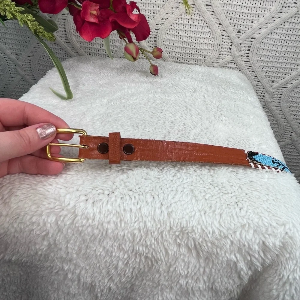 Brown Leather‎ Beaded Aztec Design Belt
